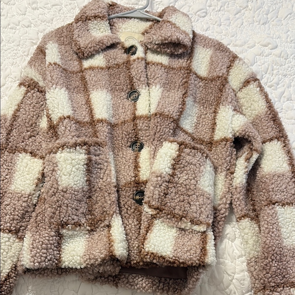 Stoosh Plaid Sherpa Sweater - Cream and Brown